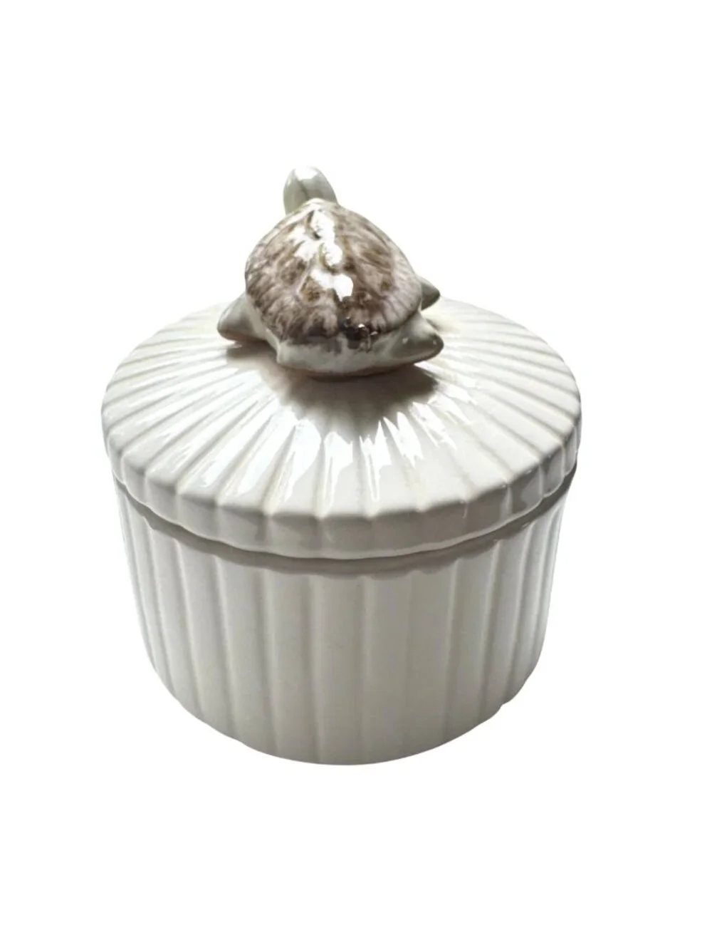 Ceramic Turtle Figurine Lid Trinket Jar White & Brown Ribbed Design
